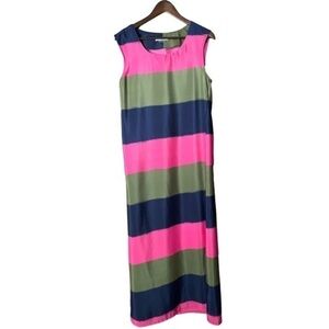 NEW Ezra Striped Sleeveless Maxi Dress Size Large Olive Navy and Pink Round Neck